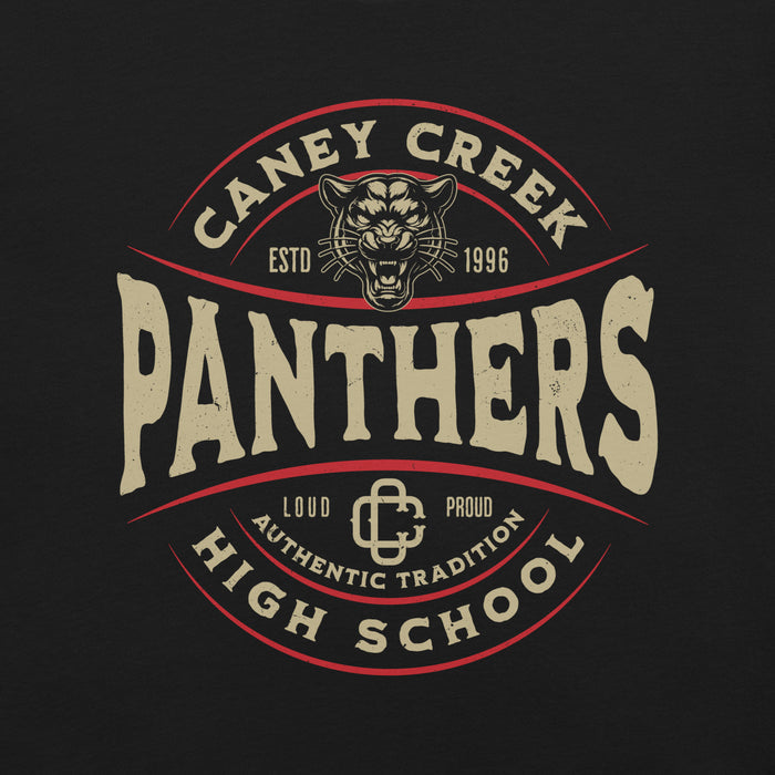 Close-up view of Caney Creek High School Panthers Black Premium Unisex T-shirt 218