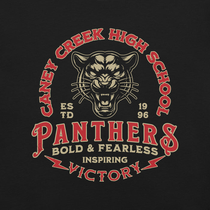 Close-up view of Caney Creek High School Panthers Black Premium Unisex T-shirt 206