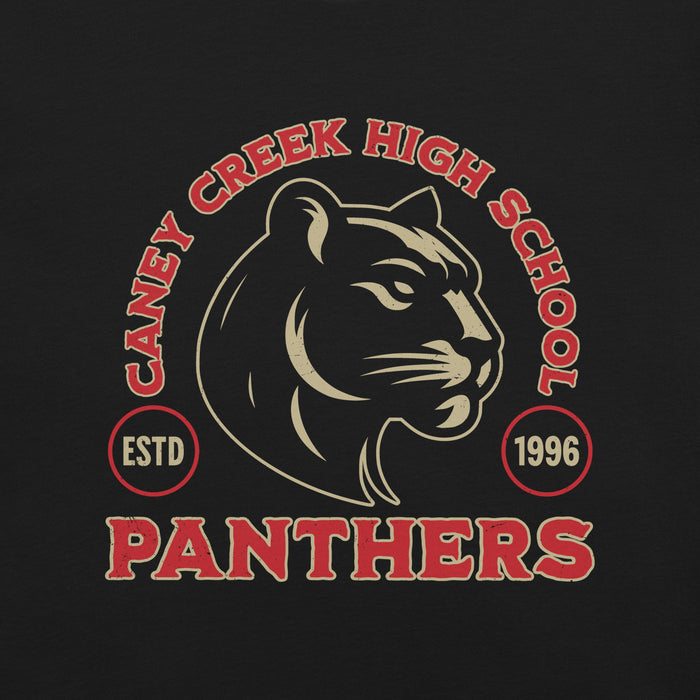 Close-up view of Caney Creek High School Panthers Black Premium Unisex T-shirt 208