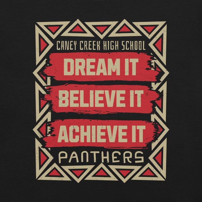 Close-up view of Caney Creek High School Panthers Black Premium Unisex T-shirt 229