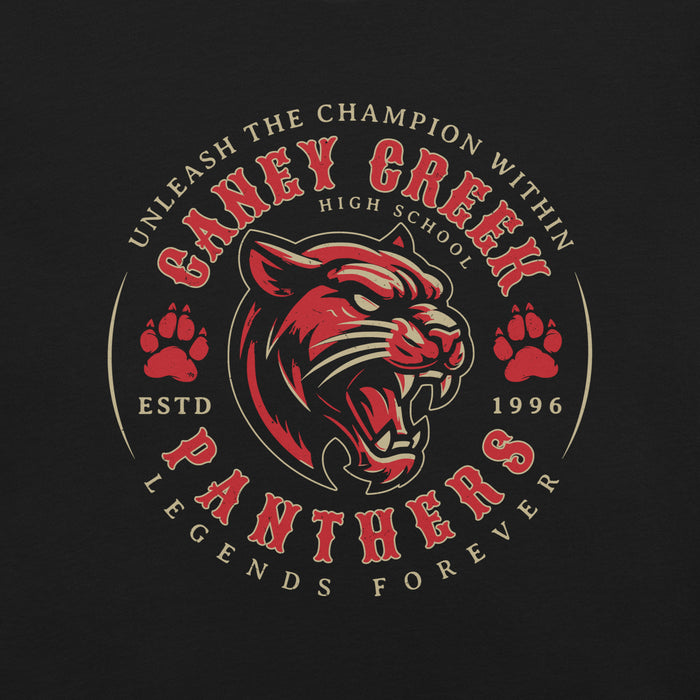 Close-up view of Caney Creek High School Panthers Black Premium Unisex T-shirt 210