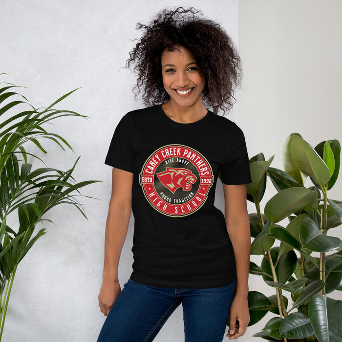 Woman wearing Caney Creek High School Panthers Black Premium Unisex T-shirt 224