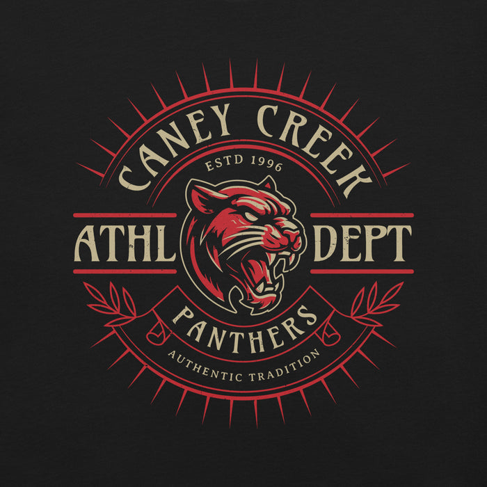 Close-up view of Caney Creek High School Panthers Black Premium Unisex T-shirt 201