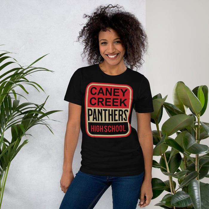 Woman wearing Caney Creek High School Panthers Black Premium Unisex T-shirt 001