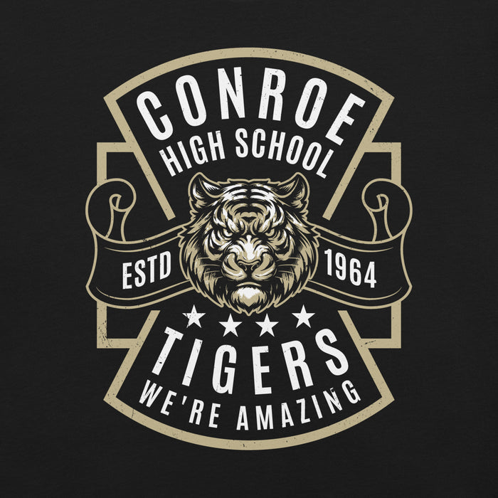Close-up view of Conroe High School Tigers Black Premium Unisex T-shirt 207