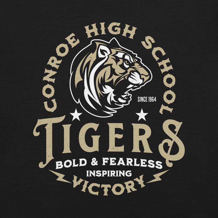 Close-up view of Conroe High School Tigers Black Premium Unisex T-shirt 206