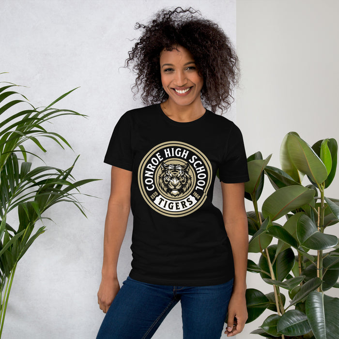 Woman wearing Conroe High School Tigers Black Premium Unisex T-shirt 220