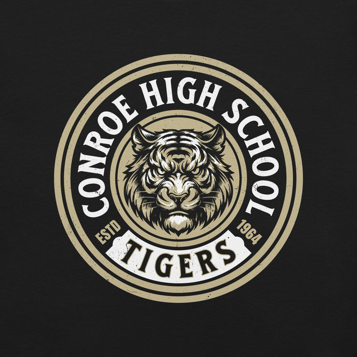 Close-up view of Conroe High School Tigers Black Premium Unisex T-shirt 220