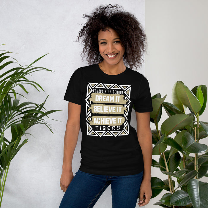 Woman wearing Conroe High School Tigers Black Premium Unisex T-shirt 228