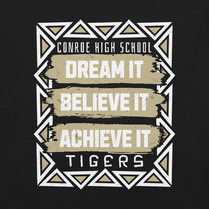 Close-up view of Conroe High School Tigers Black Premium Unisex T-shirt 228