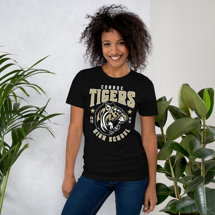 Woman wearing Conroe High School Tigers Black Premium Unisex T-shirt 213