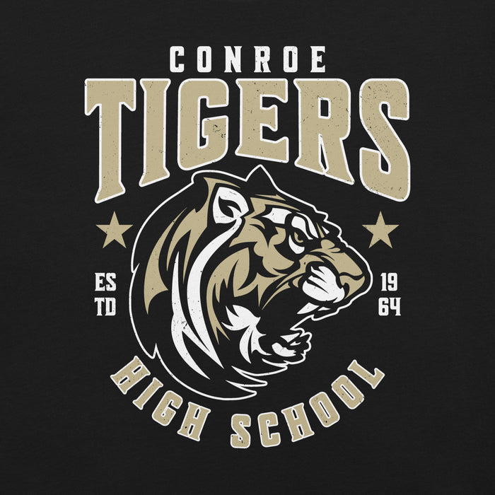 Close-up view of Conroe High School Tigers Black Premium Unisex T-shirt 213