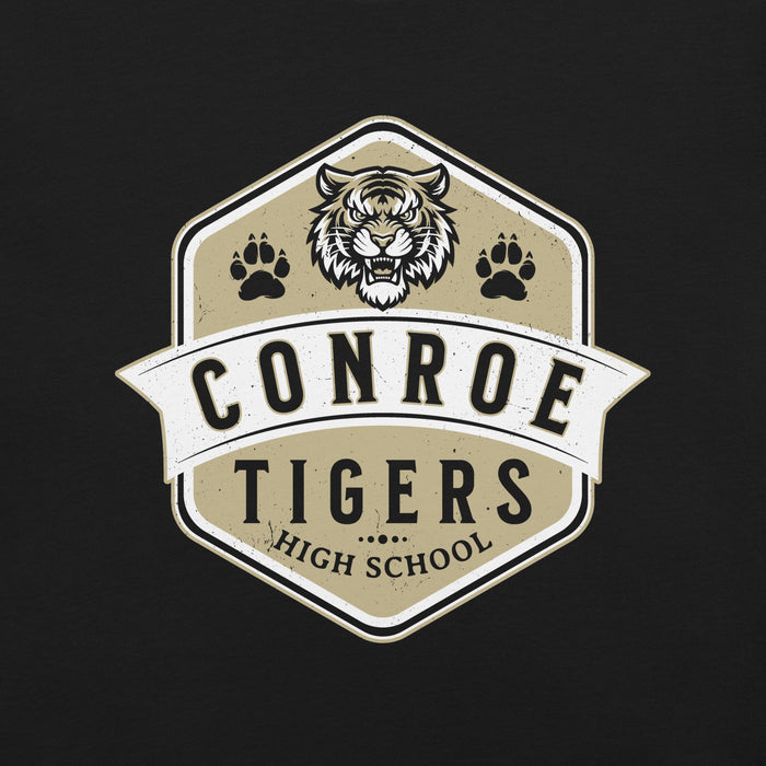 Close-up view of Conroe High School Tigers Black Premium Unisex T-shirt 209