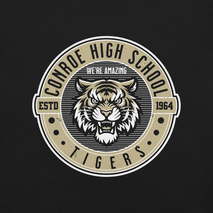 Close-up view of Conroe High School Tigers Black Premium Unisex T-shirt 224