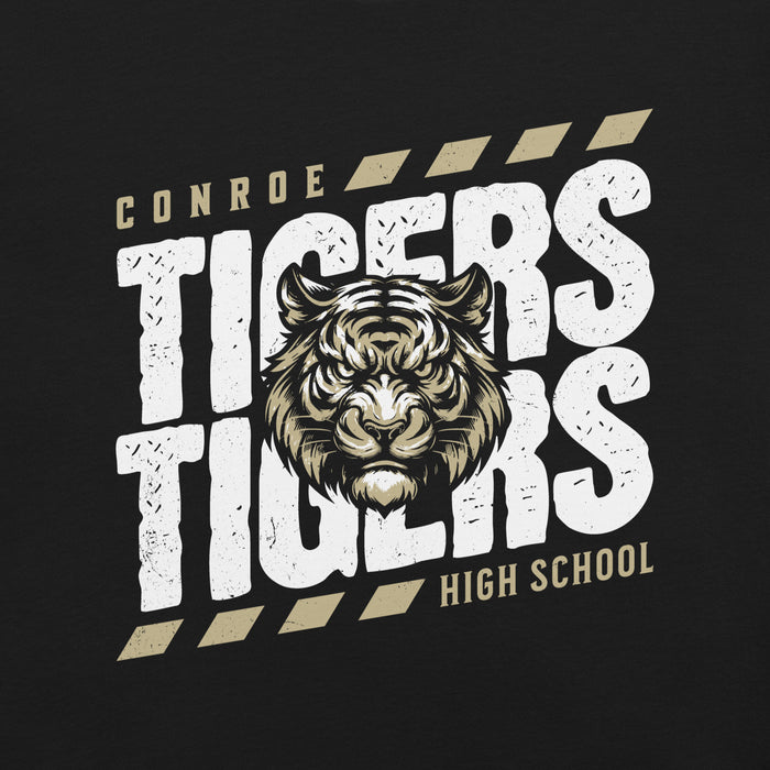 Close-up view of Conroe High School Tigers Black Premium Unisex T-shirt 223