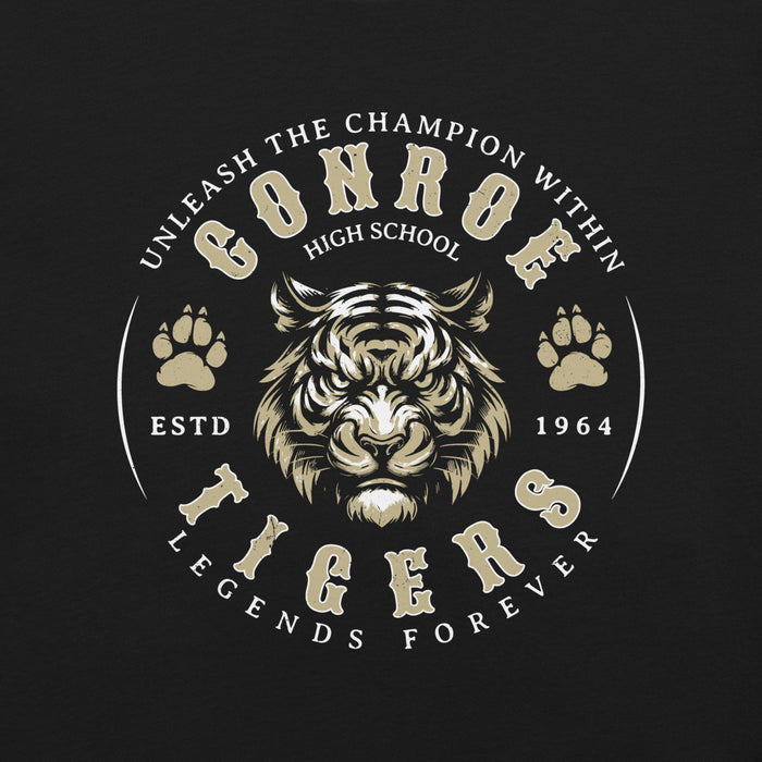 Close-up view of Conroe High School Tigers Black Premium Unisex T-shirt 214