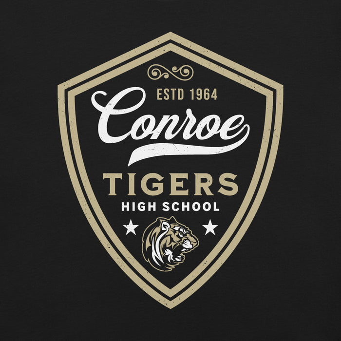 Close-up view of Conroe High School Tigers Black Premium Unisex T-shirt 225