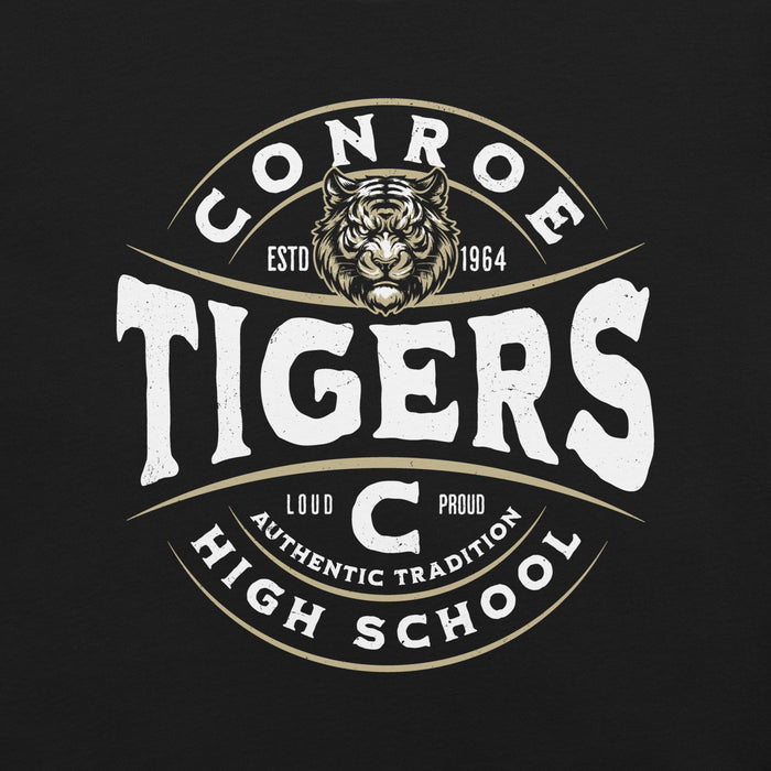 Close-up view of Conroe High School Tigers Black Premium Unisex T-shirt 218