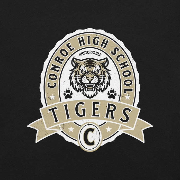 Close-up view of Conroe High School Tigers Black Premium Unisex T-shirt 212