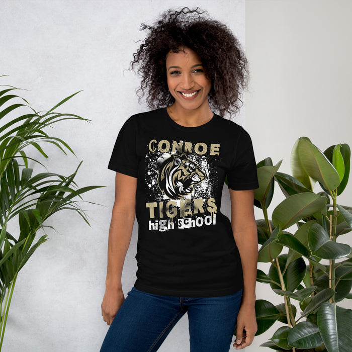 Woman wearing Conroe High School Tigers Black Premium Unisex T-shirt 205