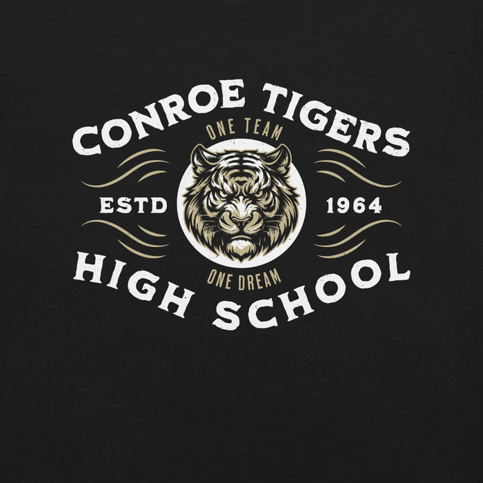 Close-up view of Conroe High School Tigers Black Premium Unisex T-shirt 230