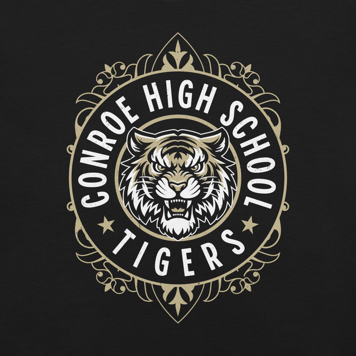 Close-up view of Conroe High School Tigers Black Premium Unisex T-shirt 227
