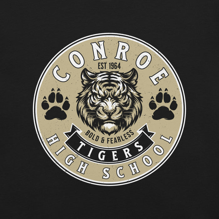 Close-up view of Conroe High School Tigers Black Premium Unisex T-shirt 215