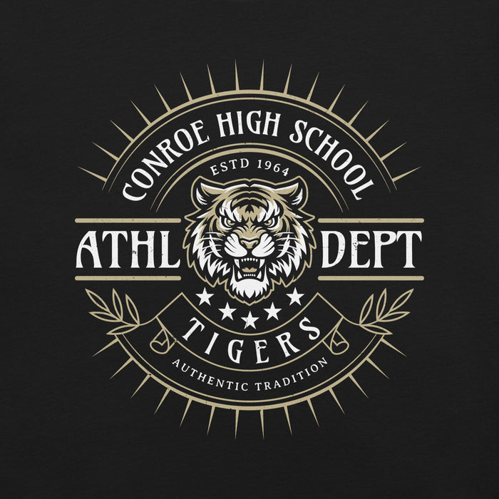 Close-up view of Conroe High School Tigers Black Premium Unisex T-shirt 201