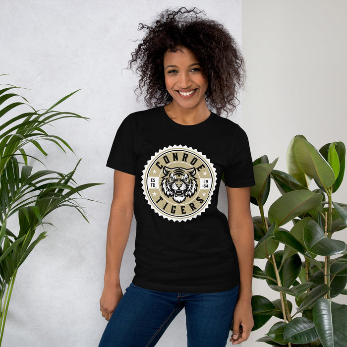 Woman wearing Conroe High School Tigers Black Premium Unisex T-shirt 203