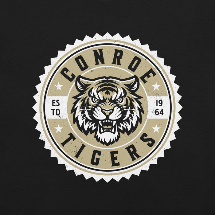 Close-up view of Conroe High School Tigers Black Premium Unisex T-shirt 203