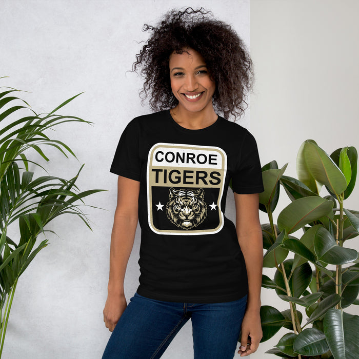 Woman wearing Conroe High School Tigers Black Premium Unisex T-shirt 001