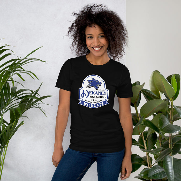 Woman wearing Dekaney High School Wildcats Black Premium Unisex T-shirt 219
