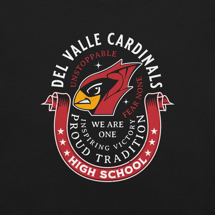 Close-up view of Del Valle High School Cardinals Black Premium Unisex T-shirt 229
