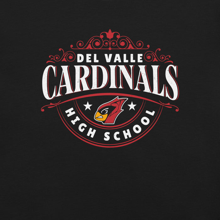 Close-up view of Del Valle High School Cardinals Black Premium Unisex T-shirt 211