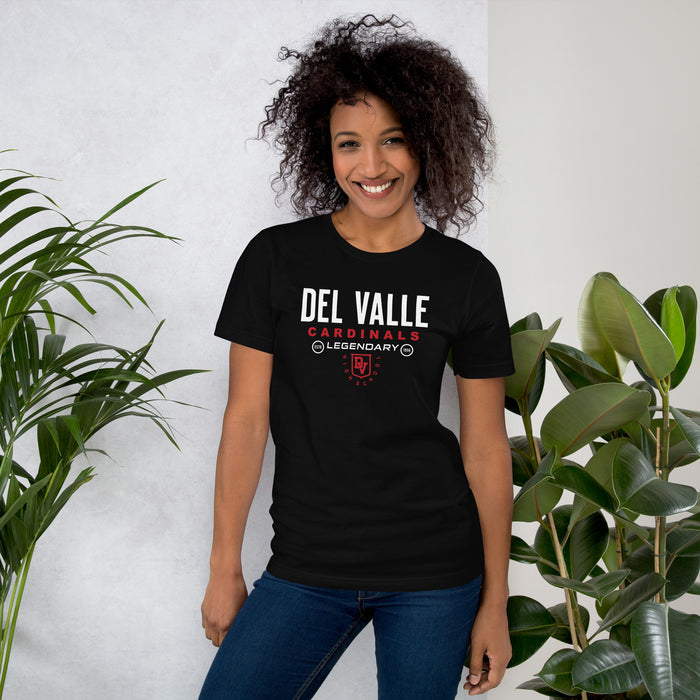 Woman wearing Del Valle High School Cardinals Black Premium Unisex T-shirt 003