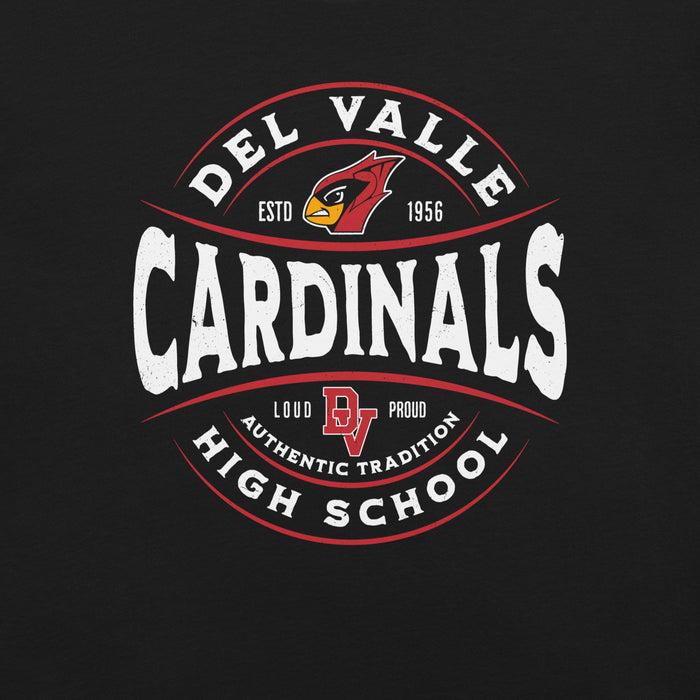 Close-up view of Del Valle High School Cardinals Black Premium Unisex T-shirt 218