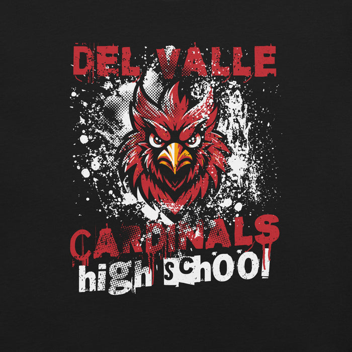 Close-up view of Del Valle High School Cardinals Black Premium Unisex T-shirt 205