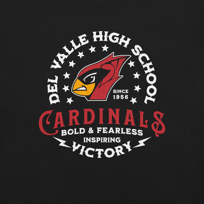 Close-up view of Del Valle High School Cardinals Black Premium Unisex T-shirt 206