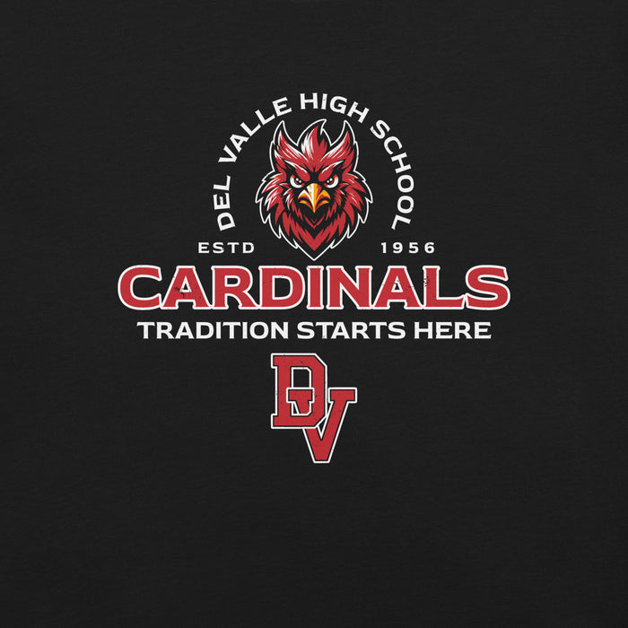 Close-up view of Del Valle High School Cardinals Black Premium Unisex T-shirt 222