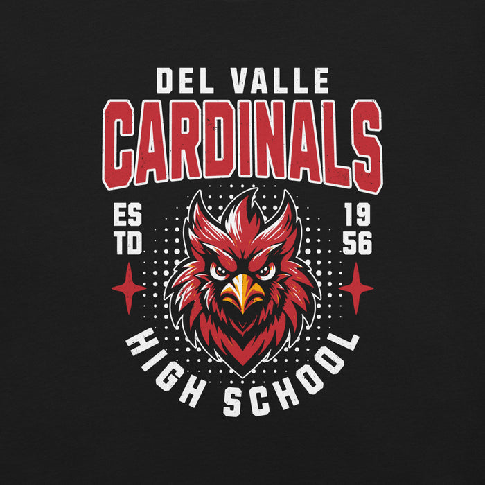 Close-up view of Del Valle High School Cardinals Black Premium Unisex T-shirt 204