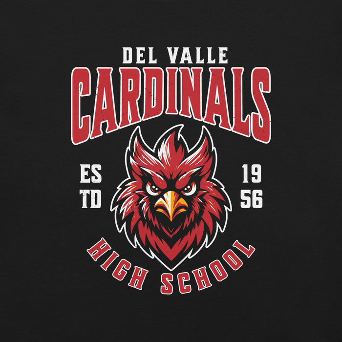 Close-up view of Del Valle High School Cardinals Black Premium Unisex T-shirt 213
