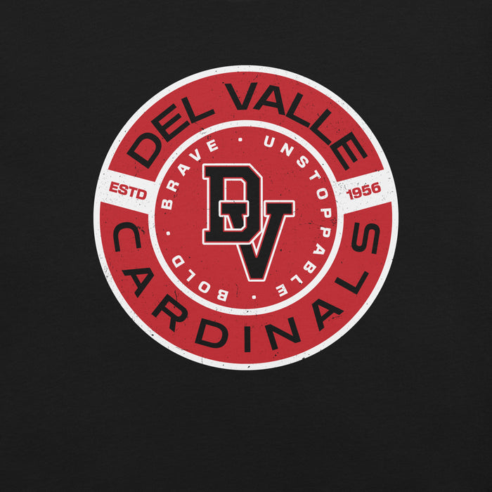 Close-up view of Del Valle High School Cardinals Black Premium Unisex T-shirt 239
