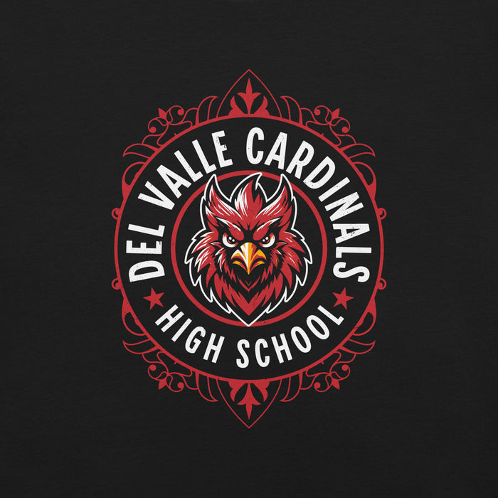 Close-up view of Del Valle High School Cardinals Black Premium Unisex T-shirt 227
