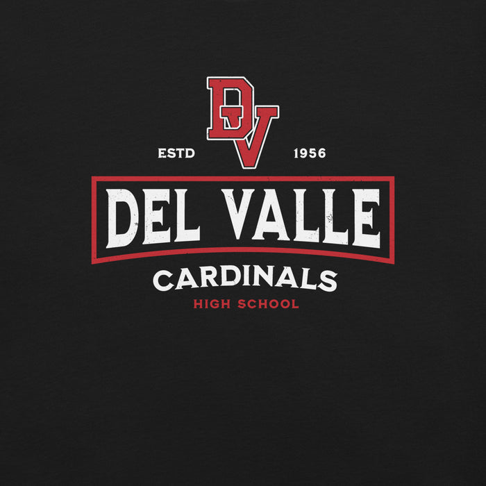 Close-up view of Del Valle High School Cardinals Black Premium Unisex T-shirt 202