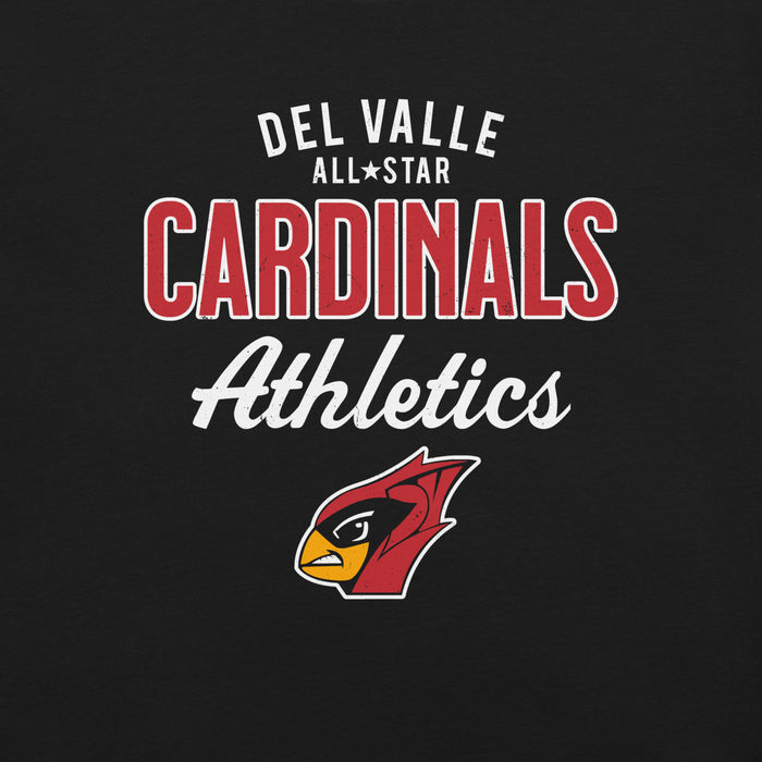 Close-up view of Del Valle High School Cardinals Black Premium Unisex T-shirt 034