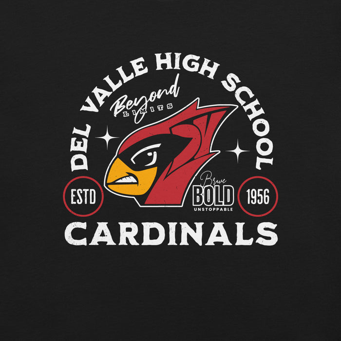 Close-up view of Del Valle High School Cardinals Black Premium Unisex T-shirt 208
