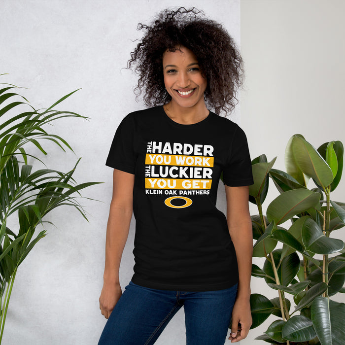 Woman wearing Klein Oak High School Panthers Premium Black Unisex T-shirt 238
