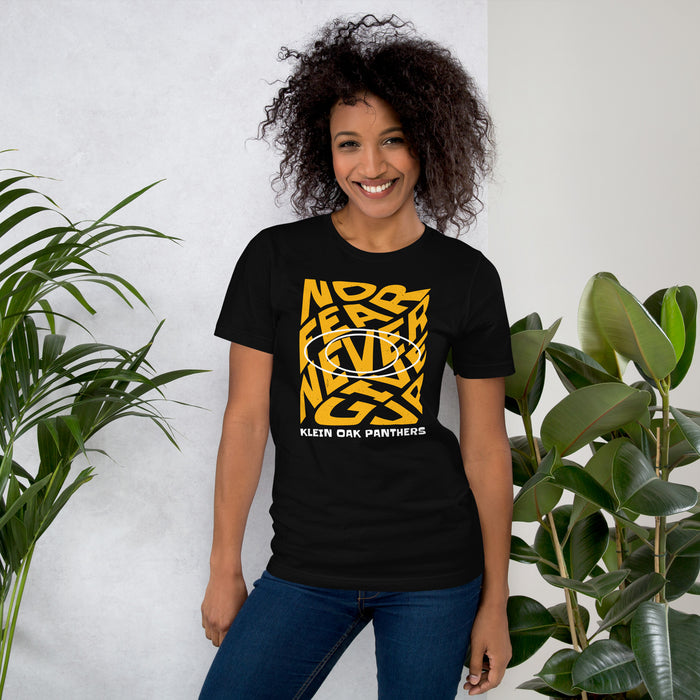 Woman wearing Klein Oak High School Panthers Premium Black Unisex T-shirt 236