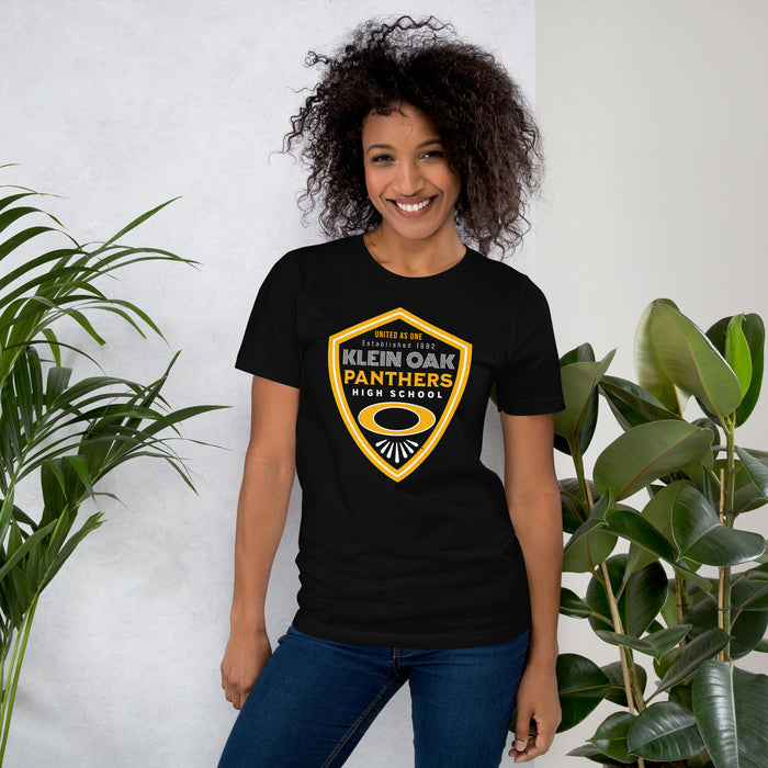 Woman wearing Klein Oak High School Panthers Premium Black Unisex T-shirt 225