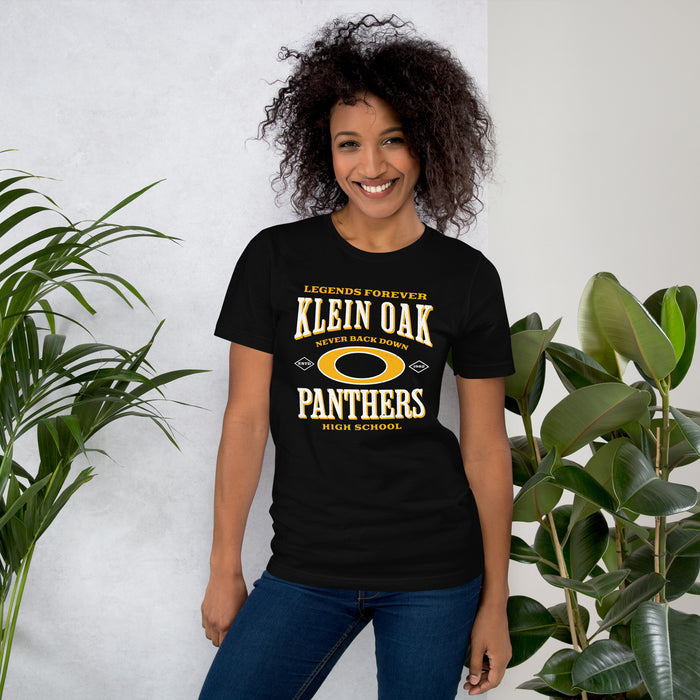 Woman wearing Klein Oak High School Panthers Premium Black Unisex T-shirt 230